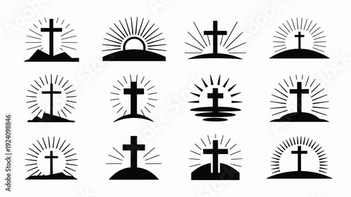 Collection of cross silhouettes with sunburst on hills and water backgrounds for easter faith and spirituality concepts