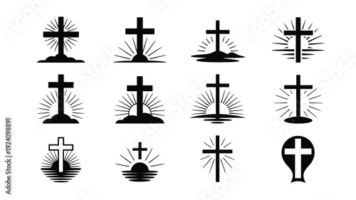 Various christian cross symbols in black silhouette on white background for religious or spiritual use