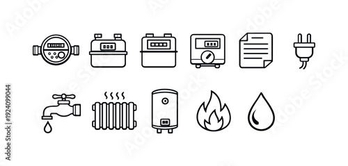 Utility, energy line icon set. Essential home resources linear design collection