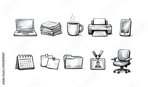 Office essentials sketch icon set. Work, business, office supplies outline collection