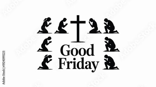 Good friday graphic with cross and praying silhouettes on white background for easter religion and faith concepts
