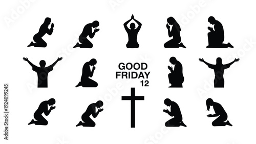 Good friday prayer silhouettes with cross various kneeling and worshiping poses christian faith and spirituality