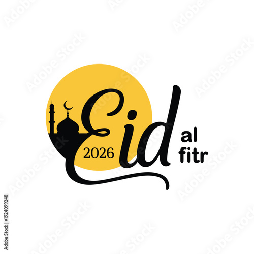 Eid al Fitr 2026 greeting card with mosque and crescent moon