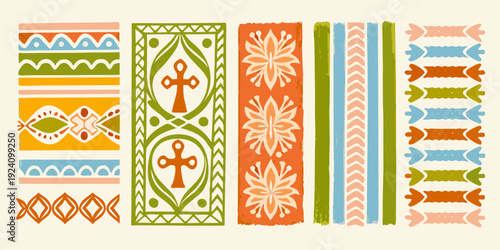 Colorful folk art patterns arranged vertically in rectangular sections