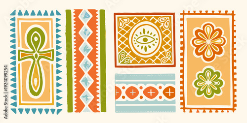 Four decorative textile panels with ancient and floral motifs