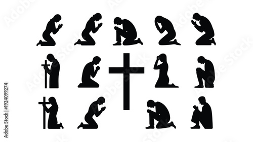 Silhouettes of people praying around a cross various poses black icons on white background faith and spirituality concept