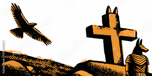 An ancient egyptian scene featuring a bird obelisk and jackal statue