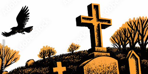 A stark illustration depicting a graveyard with a flying raven
