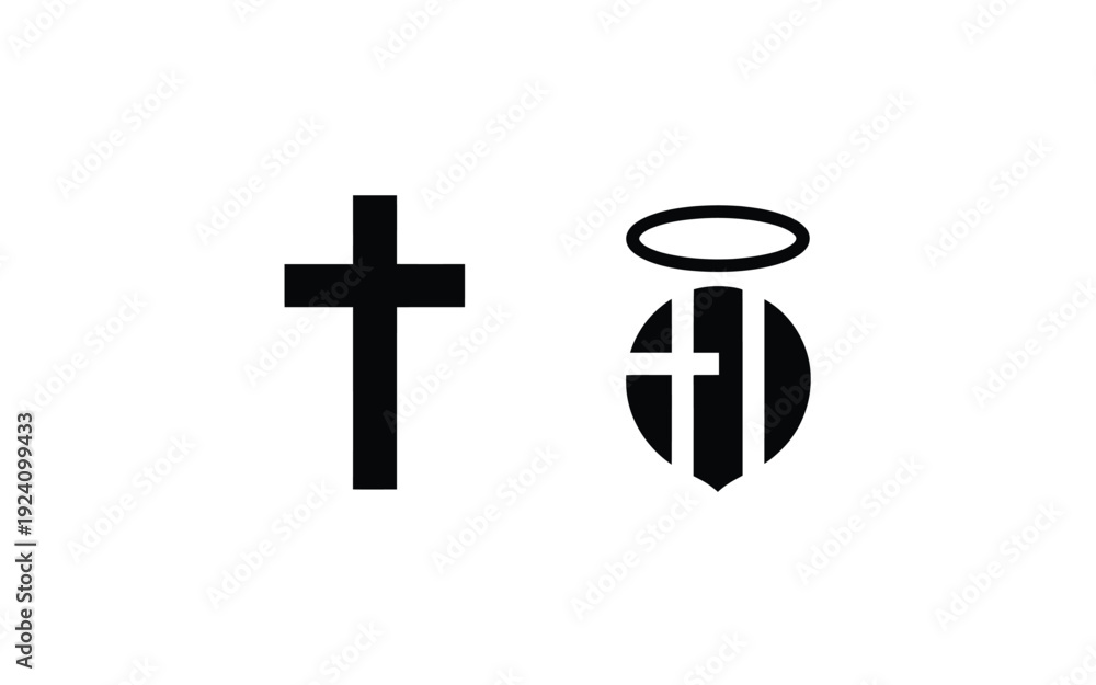 Obraz premium Simple black cross and angelic shield symbol on white background for faith spirituality and religion concepts