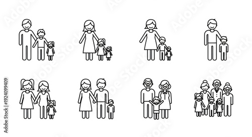 Family Icon Set Diverse Representation of Parents and Children.