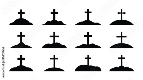 Multiple black cross grave markers on various sized mounds in rows on white background for memorial or cemetery concepts