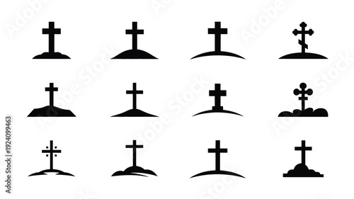 Various cross symbols on hills and mounds in black silhouette on white background for mourning and memorial concepts