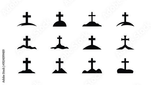 Set of black silhouette cross grave icons on white background for memorial or funeral concepts