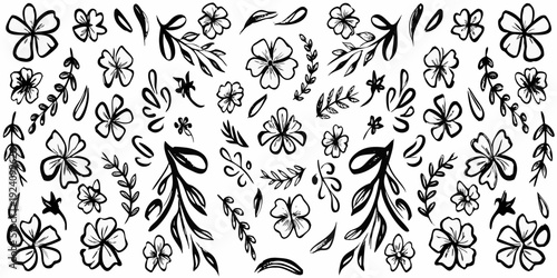 Black and white floral pattern with delicate botanical illustrations