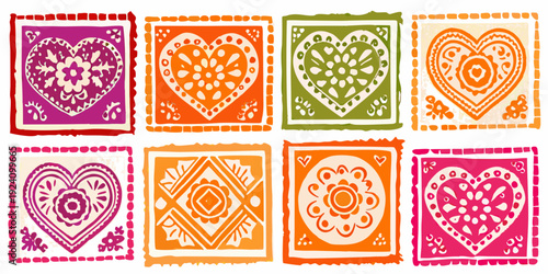Six decorative heart shaped tiles in vibrant warm color palettes