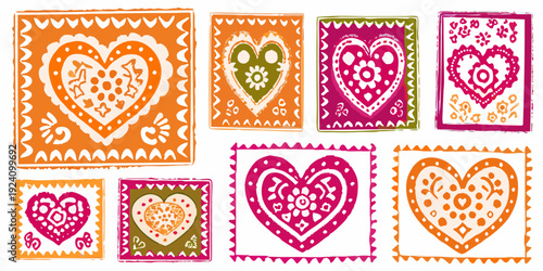 Colorful hand drawn hearts in square frames a festive and charming collection