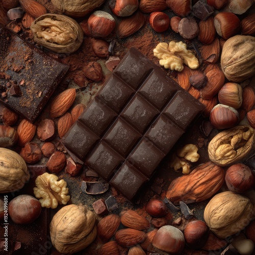 Delicious dark chocolate bar surrounded by nuts and cocoa