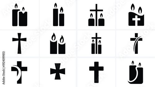 Collection of black christian cross and candle symbols in grid layout various designs and styles religious themes and motifs simple vector icons