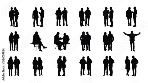 A collection of black silhouettes of people in various poses and interactions isolated on white background, Vector