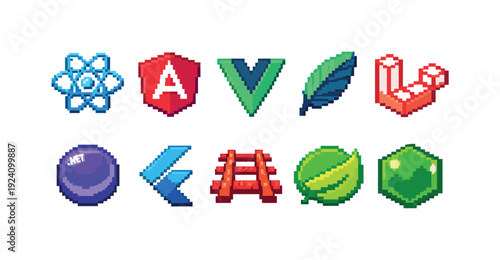 Technology, development pixel art icon set. Programming, tech pixel art icon collection