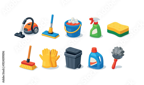 Cleaning, housekeeping 3d icon set. Vacuum, mop, gloves, spray 3d icons collection