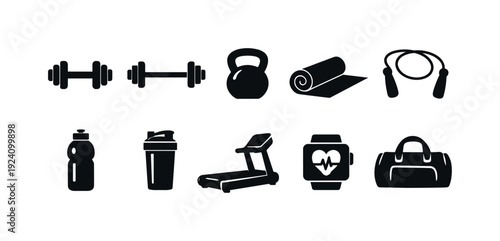 Fitness and gym silhouette icon set. Workout, exercise, equipment icons collection