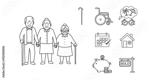 Elderly couple and man with canes and associated icons.