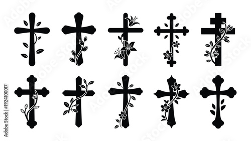 Collection of black crosses with floral elements in various designs and styles on white background symbolizing faith and spirituality