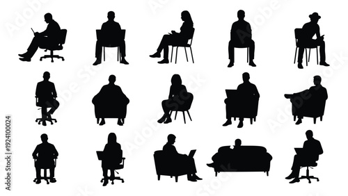 Various silhouettes of people sitting in office chairs and on a sofa isolated on white background, Vector