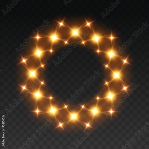 Gold round light effect frame. Ring with lamps isolated on dark background. Magic star fantasy portal, teleport. Vector vibrant circle border. Glowing bulbs