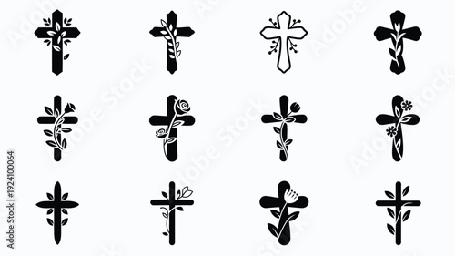Collection of cross symbols with floral elements in black and white on a plain background