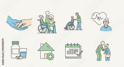 Elderly Care Icons Representing Health and Support Services.