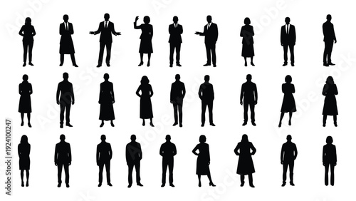 A group of people in business attire standing in various poses isolated on white background, Vector