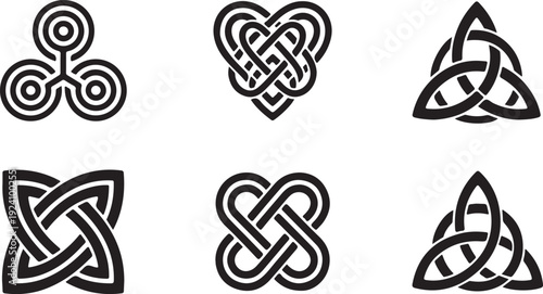 Collection of traditional black and white Celtic knot symbols displaying intricate intertwined patterns