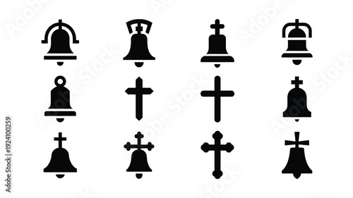 Black christian cross and church bell icons set on white background religious symbols collection faith and spirituality illustrations simple graphic design elements