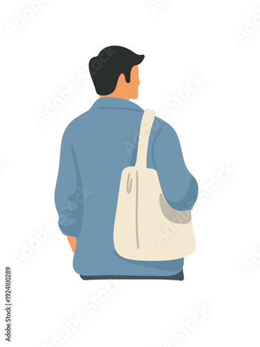 young man carrying shopper bag back view vector illustration