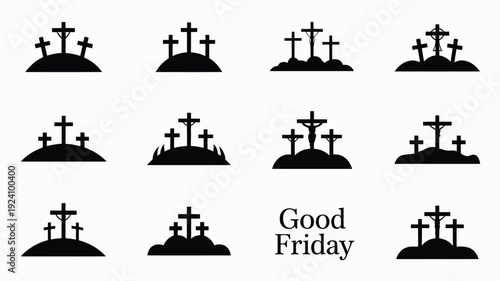 Collection of black silhouette crosses on mounds with 'good friday' text varying cross designs simple background