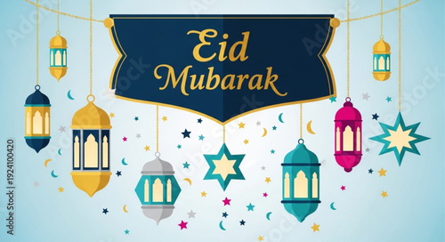 Eid Mubarak greeting with hanging lanterns and stars.