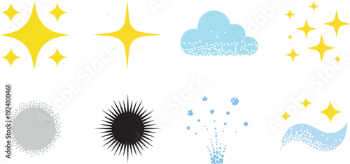 Colorful icons representing sparkling stars, a light blue snowy cloud, bursting elements, and blue water bubbles