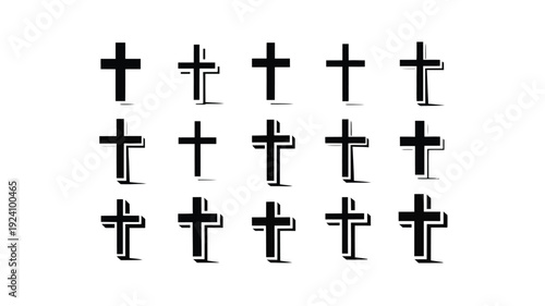 Collection of black christian cross symbols arranged in three rows on white background representing faith and spirituality