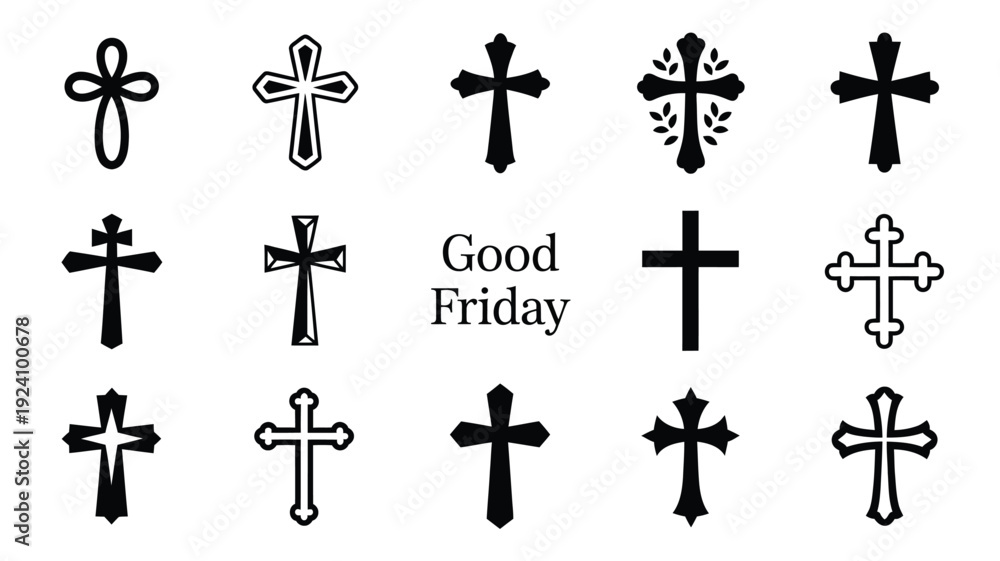 Fototapeta premium Collection of various black christian cross symbols on white background for good friday religious themes and faith related designs