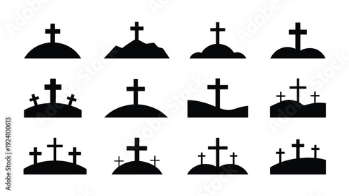Collection of black silhouette grave crosses on hilltops various designs and arrangements simple graphic elements for memorial or funeral themes