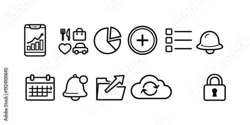 Business and finance linear icon set. Portfolio, analytics, planning icons