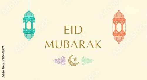 Eid Mubarak decorative lanterns and crescent moon symbol.
