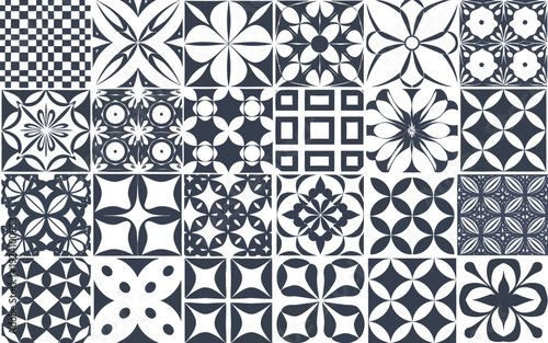 Intricate geometric patterns displayed in a black and white mosaic tile arrangement