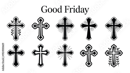 Collection of ten unique black cross designs on white background for good friday illustrations and christian symbolism