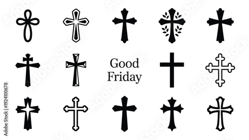Collection of various black christian cross symbols on white background for good friday religious themes and faith related designs