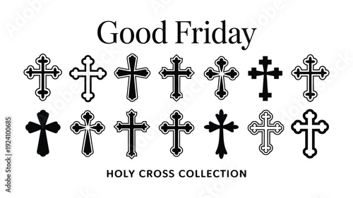 Good friday holy cross collection diverse black and white crosses various designs simple background religious symbols vector illustration christianity faith spirituality