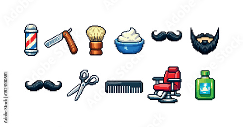 Barber shop pixel icon set. Grooming, hairstyle tools pixelated collection.