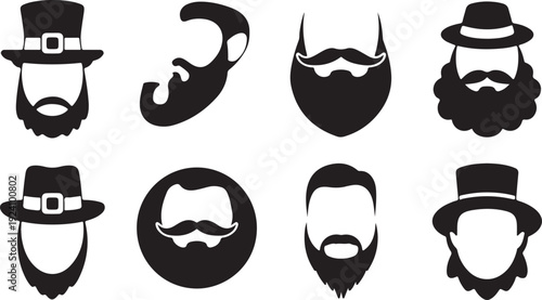 Eight different black silhouette illustrations of mens beards and hats on a clean white background